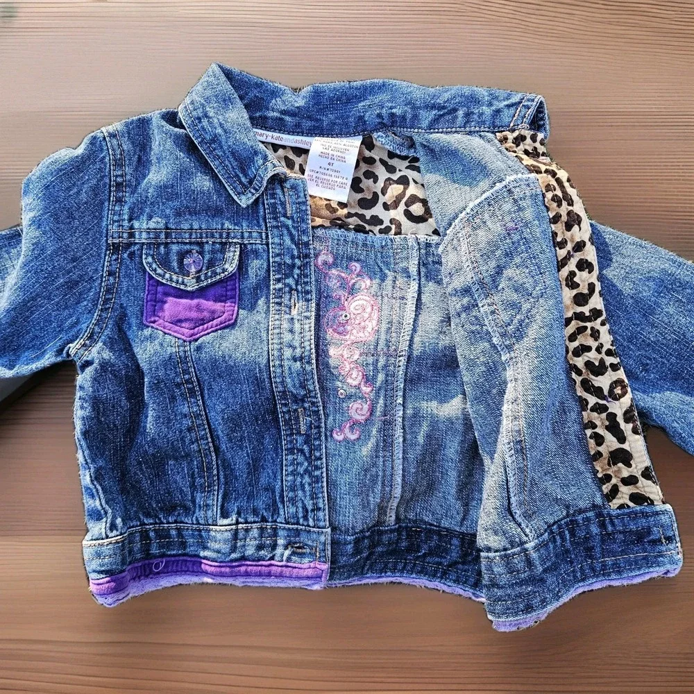 Vintage Y2K Mary‎ Kate Ashley Denim Patchwork Embroidered Girls Jacket Velvet 4t